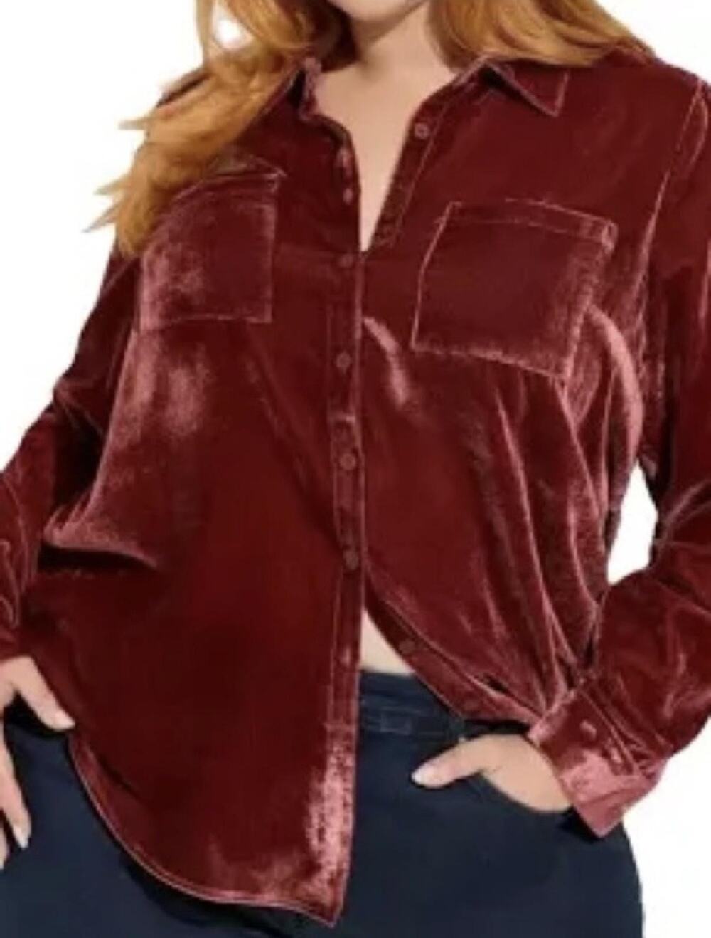 Torrid Shirt Womens 10 Red Madison Velvet Button Up Long Sleeve Syrah Top